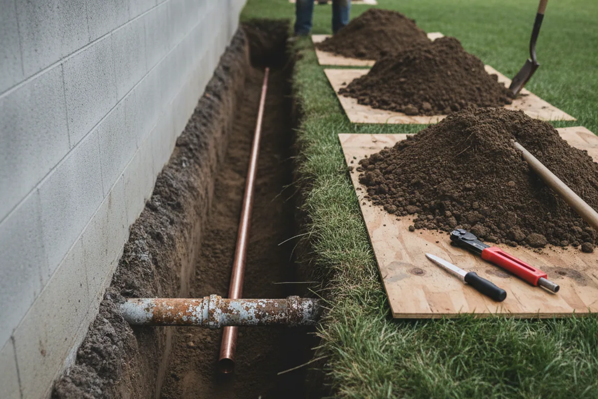 Excavated water line trench during Water Softener Installation in Titusville